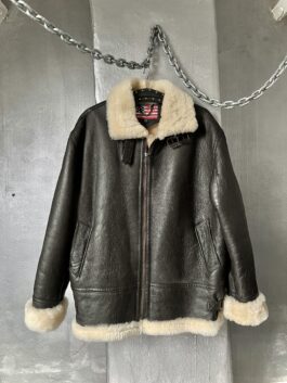 Vintage oversized real leather aviator shearling coat brown