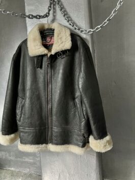 Vintage oversized real leather aviator shearling coat brown