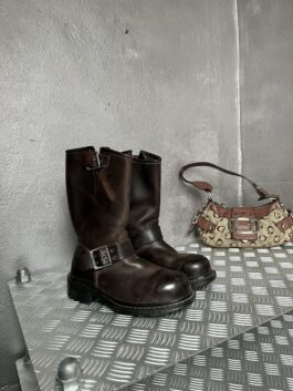 Vintage genuine leather biker boots brown