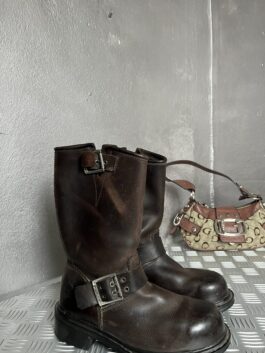 Vintage genuine leather biker boots brown