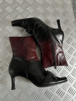 Vintage genuine leather heeled buckle boots wine red