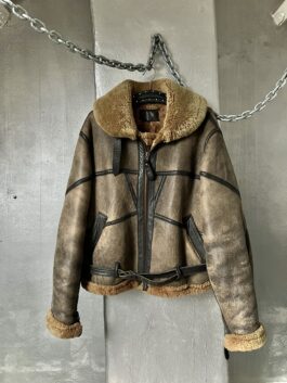 Vintage oversized real leather aviator shearling coat brown