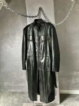 Vintage oversized real leather long biker coat black