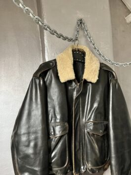 Vintage oversized real leather bomber jacket washed brown with teddy collar