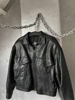 Vintage oversized real leather padded jacket black