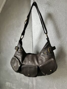 Vintage real leather shoulderbag with bronze details brown