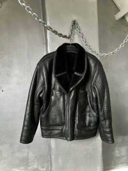 Vintage oversized real leather lammy shearling coat black