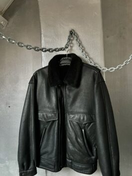 Vintage oversized real leather lammy shearling coat black