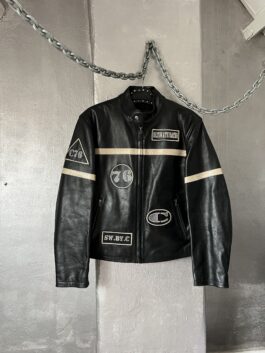 Vintage oversized real leather motorcross racing jacket black creme