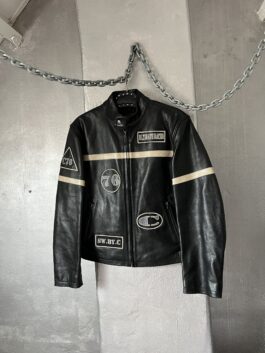 Vintage oversized real leather motorcross racing jacket black creme