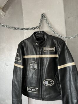 Vintage oversized real leather motorcross racing jacket black creme