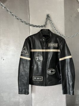 Vintage oversized real leather motorcross racing jacket black creme