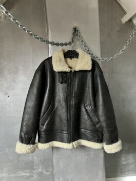 Vintage oversized real leather aviator shearling coat brown/black