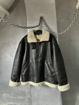 Vintage oversized real leather aviator shearling coat brown/black