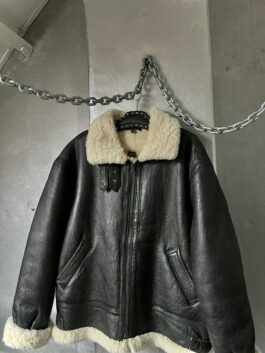 Vintage oversized real leather aviator shearling coat brown/black