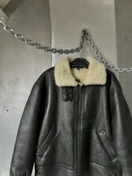 Vintage oversized real leather aviator shearling coat brown/black