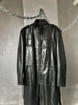 Vintage oversized real leather long biker coat black