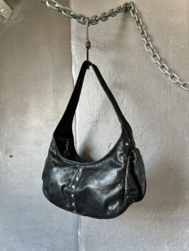 Vintage real leather handbag with silver details black