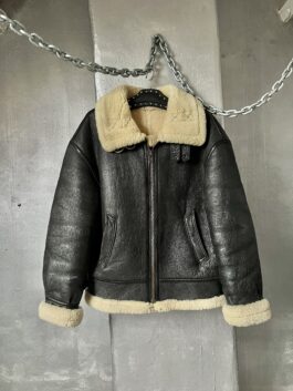 Vintage oversized real leather aviator shearling coat grey
