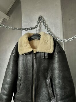 Vintage oversized real leather aviator shearling coat grey