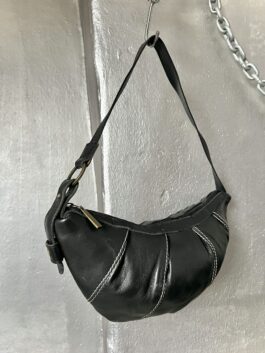 Vintage real leather croissant shoulderbag black