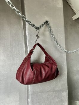 Vintage leather handbag with buckle strap wine red