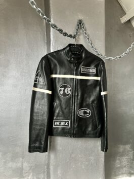 Vintage oversized real leather motorcross racing jacket black
