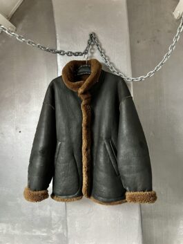 Vintage oversized real leather aviator shearling lammy coat black brown