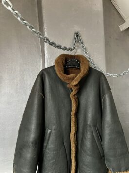 Vintage oversized real leather aviator shearling lammy coat black brown