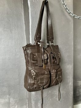 Vintage real leather utility shoulderbag brown