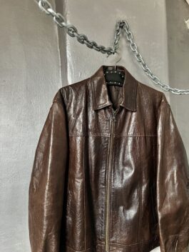 Vintage oversized real leather racing jacket with double zip brown