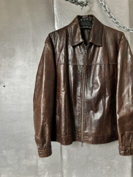 Vintage oversized real leather racing jacket with double zip brown