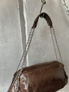 Vintage DKNY real leather shoulderbag with chains brown