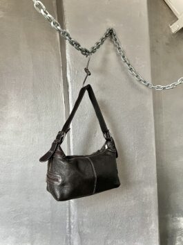 Vintage real leather handbag with buckle strap dark brown