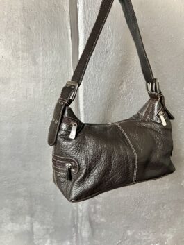 Vintage real leather handbag with buckle strap dark brown
