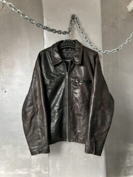 Vintage oversized real leather racing jacket black brown
