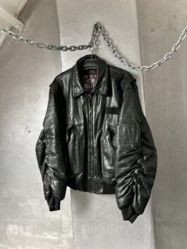 Vintage oversized real leather bomber jacket with pleated sleeves black