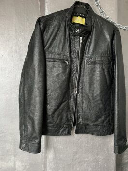 Vintage oversized real leather racing jacket with double zip black