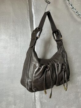 Vintage real leather shoulderbag with buckle straps brown