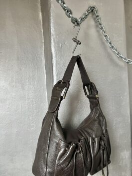 Vintage real leather shoulderbag with buckle straps brown