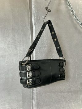 Vintage real leather handbag with buckle straps black