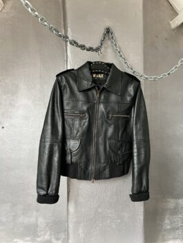 Vintage oversized real leather bomber jacket with double zip black