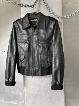 Vintage oversized real leather bomber jacket with double zip black
