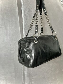 Vintage real leather handbag with chains black