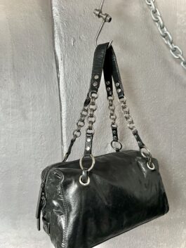 Vintage real leather handbag with chains black