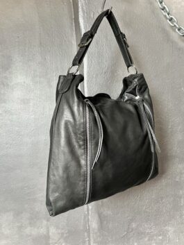Vintage real leather shoulderbag with zips grey black