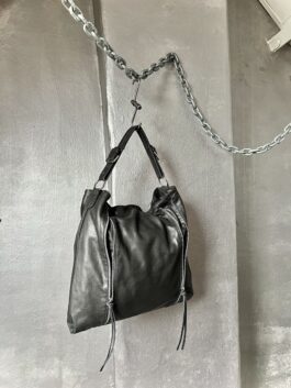 Vintage real leather shoulderbag with zips grey black