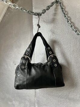 Vintage real leather handbag with buckle straps black