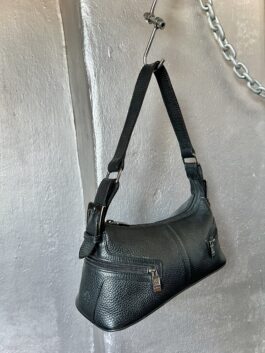 Vintage real leather shoulderbag with buckle strap black