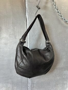 Vintage real leather shoulderbag with silver rings dark brown